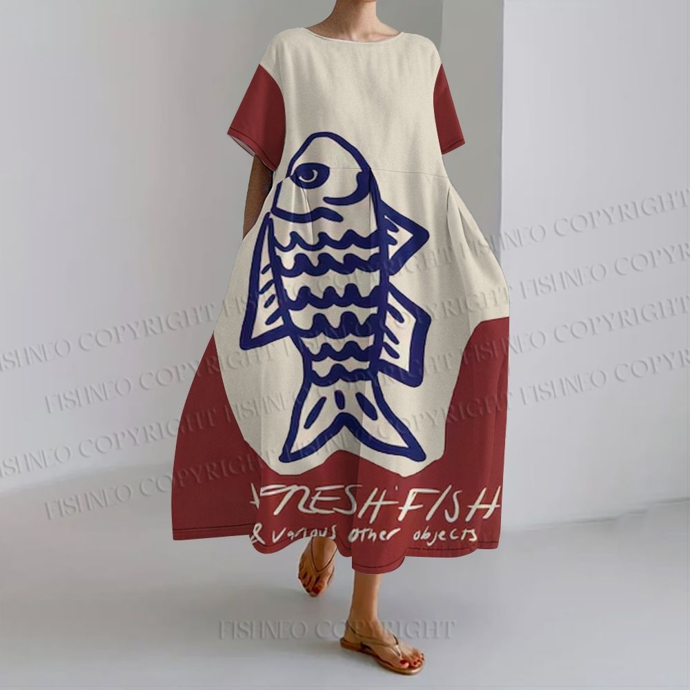Women's Loose Fit Round Neckabstract Red Blue Fish Graphic Maxi Dress