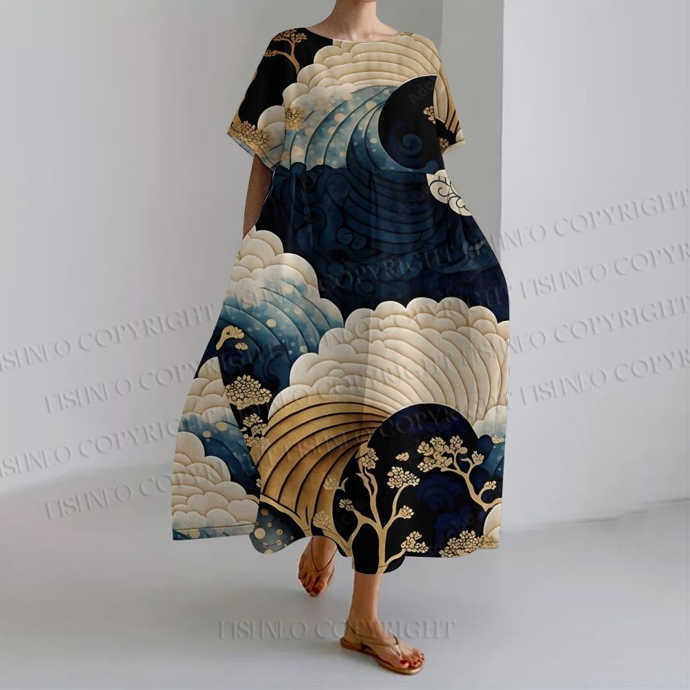 Women's Loose Fit Round Neckjapanese Golden Wave Sakura Art Maxi Dress