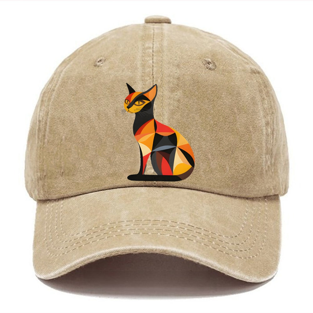 Geometric Cat In Thought Washed Cap