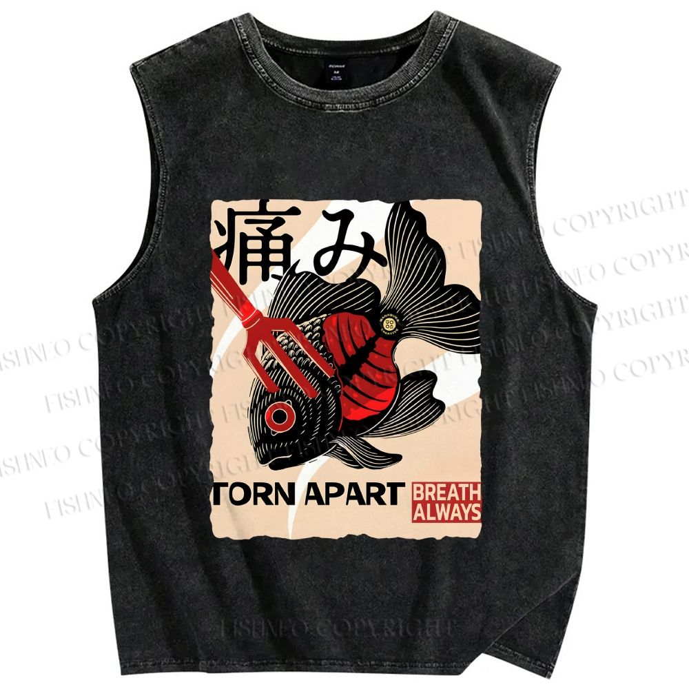 Unisex Japanese Koi Fish Printed Washed Tank Top
