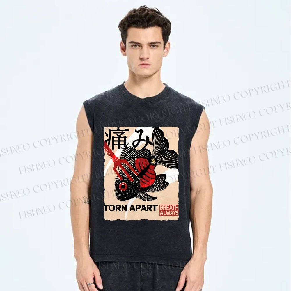 Unisex Japanese Koi Fish Printed Washed Tank Top