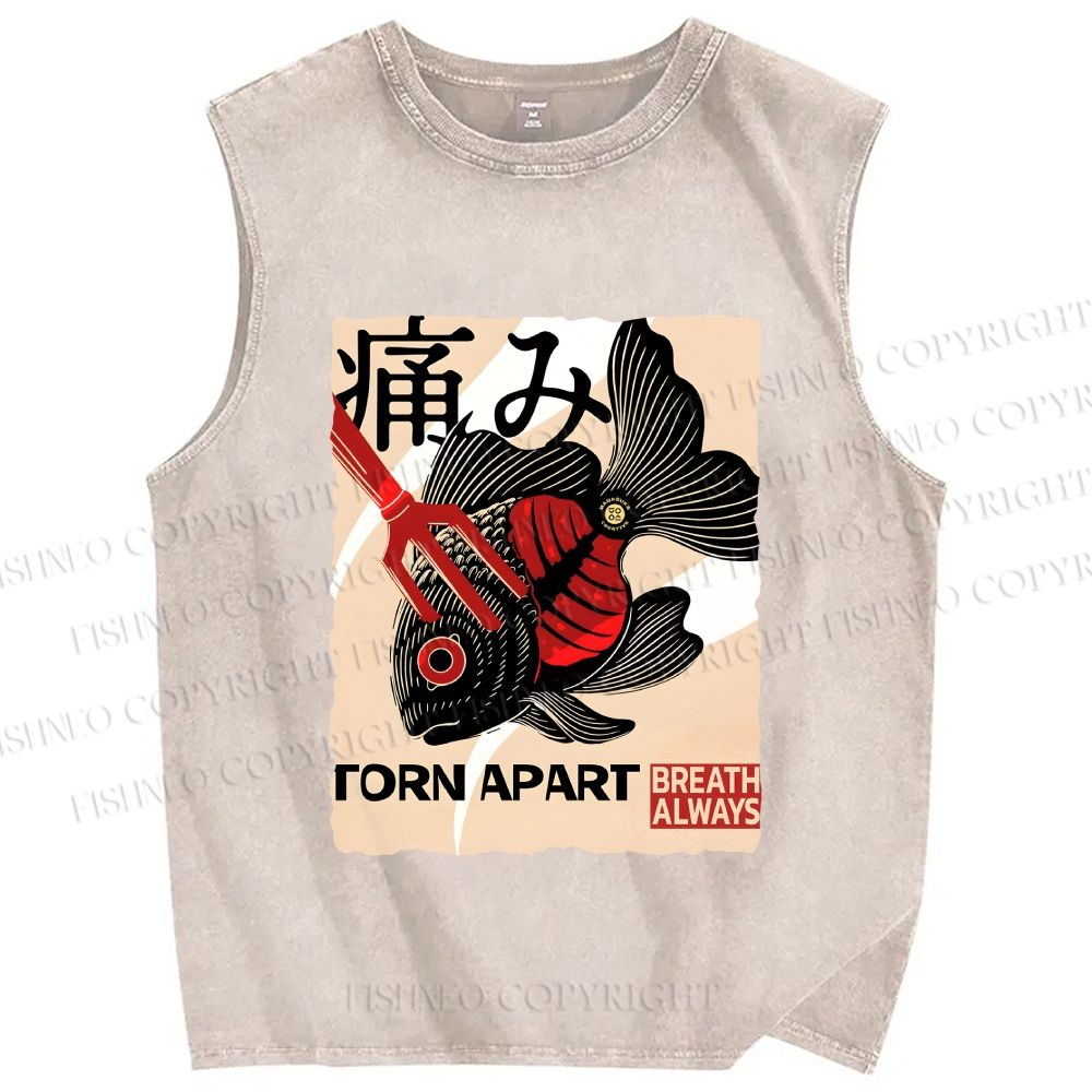 Unisex Japanese Koi Fish Printed Washed Tank Top