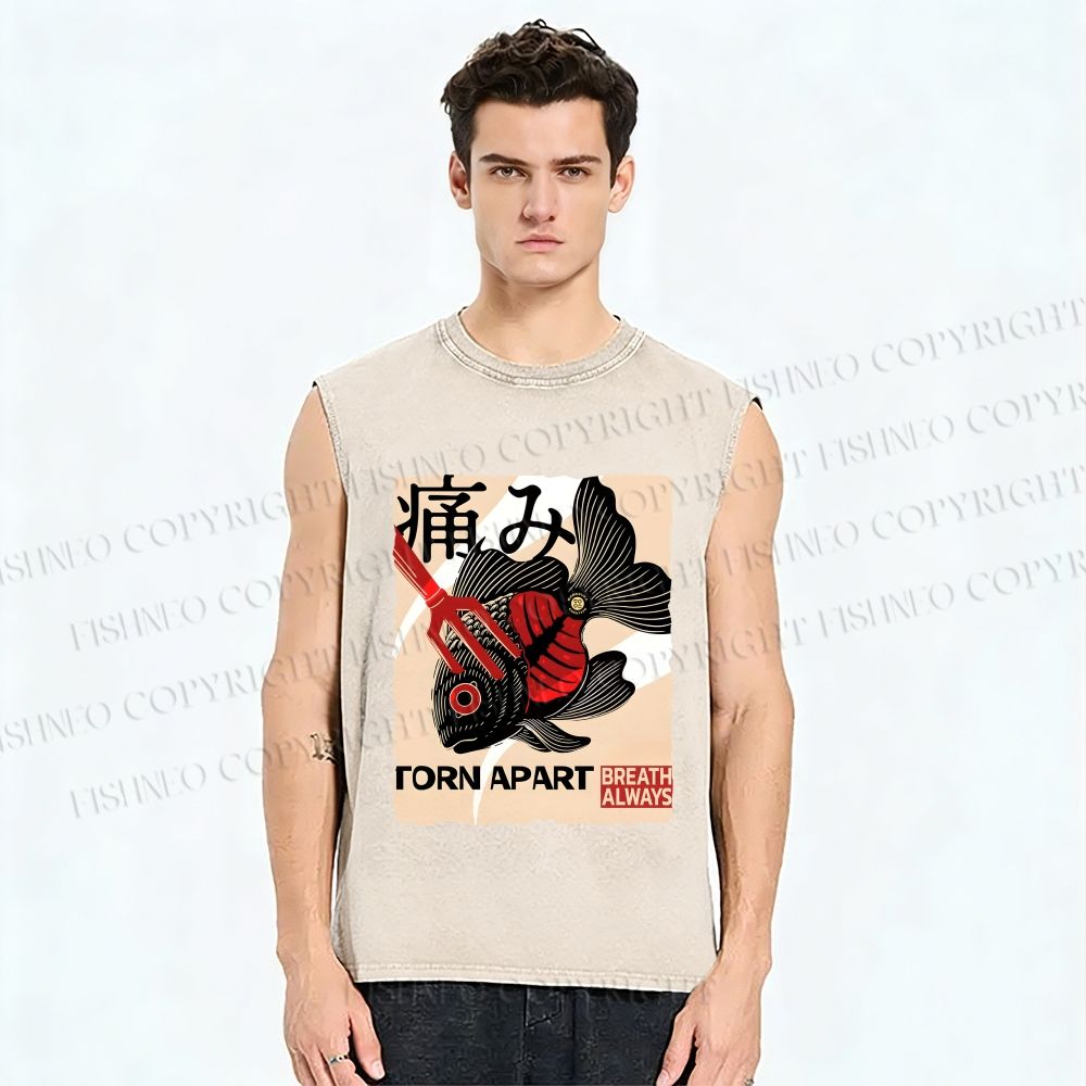 Unisex Japanese Koi Fish Printed Washed Tank Top