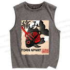 Unisex Japanese Koi Fish Printed Washed Tank Top