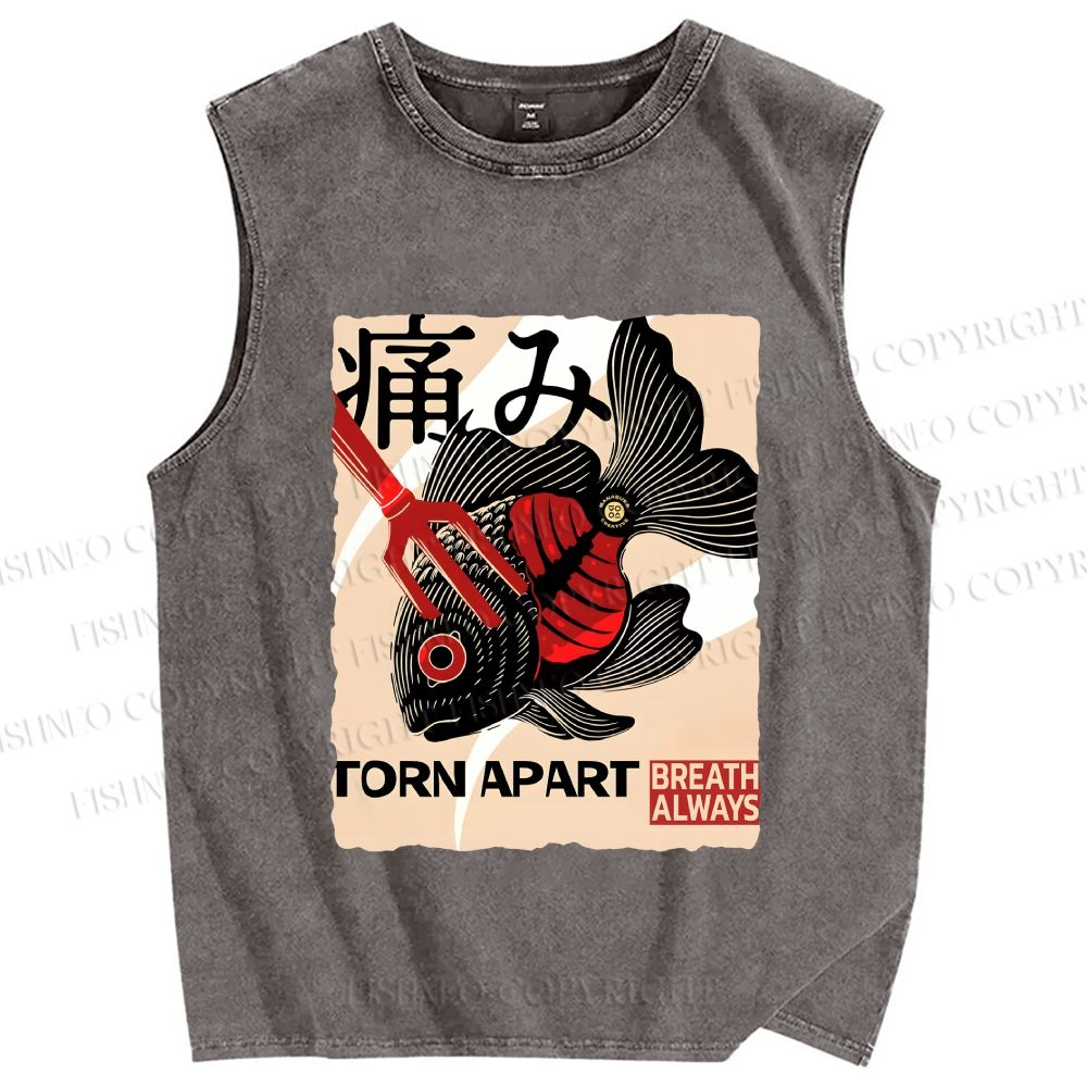 Unisex Japanese Koi Fish Printed Washed Tank Top