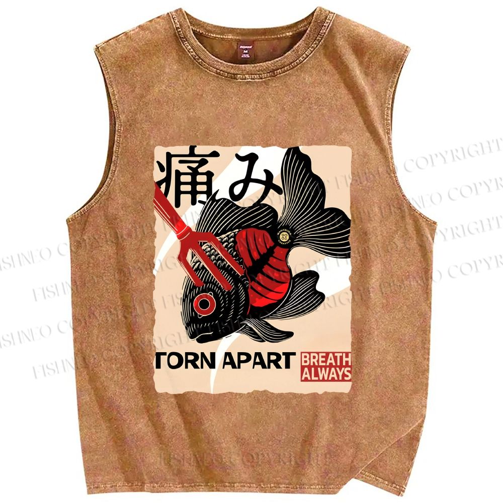 Unisex Japanese Koi Fish Printed Washed Tank Top
