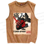 Unisex Japanese Koi Fish Printed Washed Tank Top