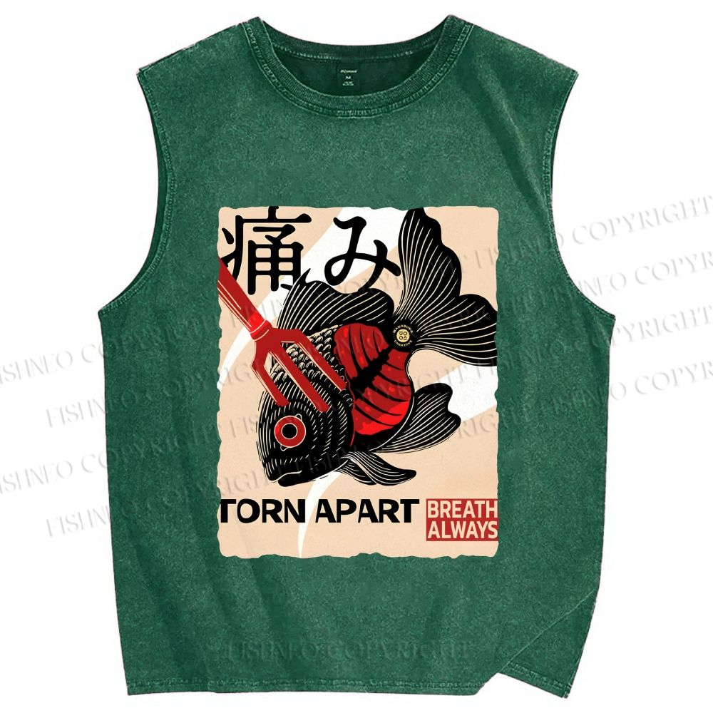Unisex Japanese Koi Fish Printed Washed Tank Top