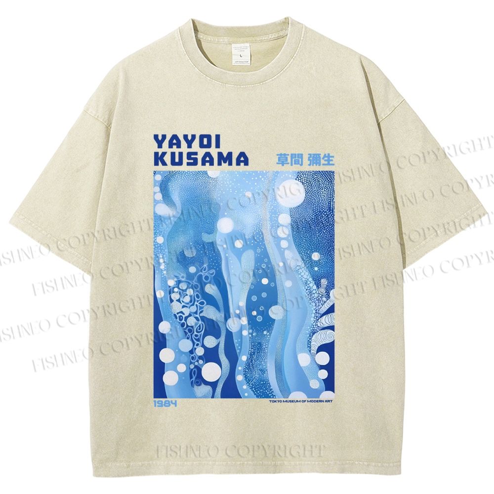 Unisex Yayoi Kusama Blue Graffiti Printed Washed Tee