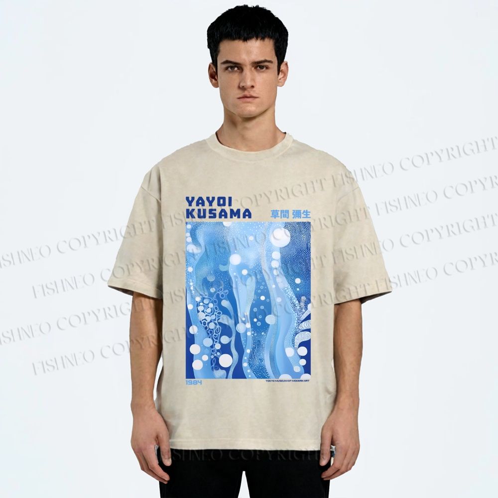 Unisex Yayoi Kusama Blue Graffiti Printed Washed Tee