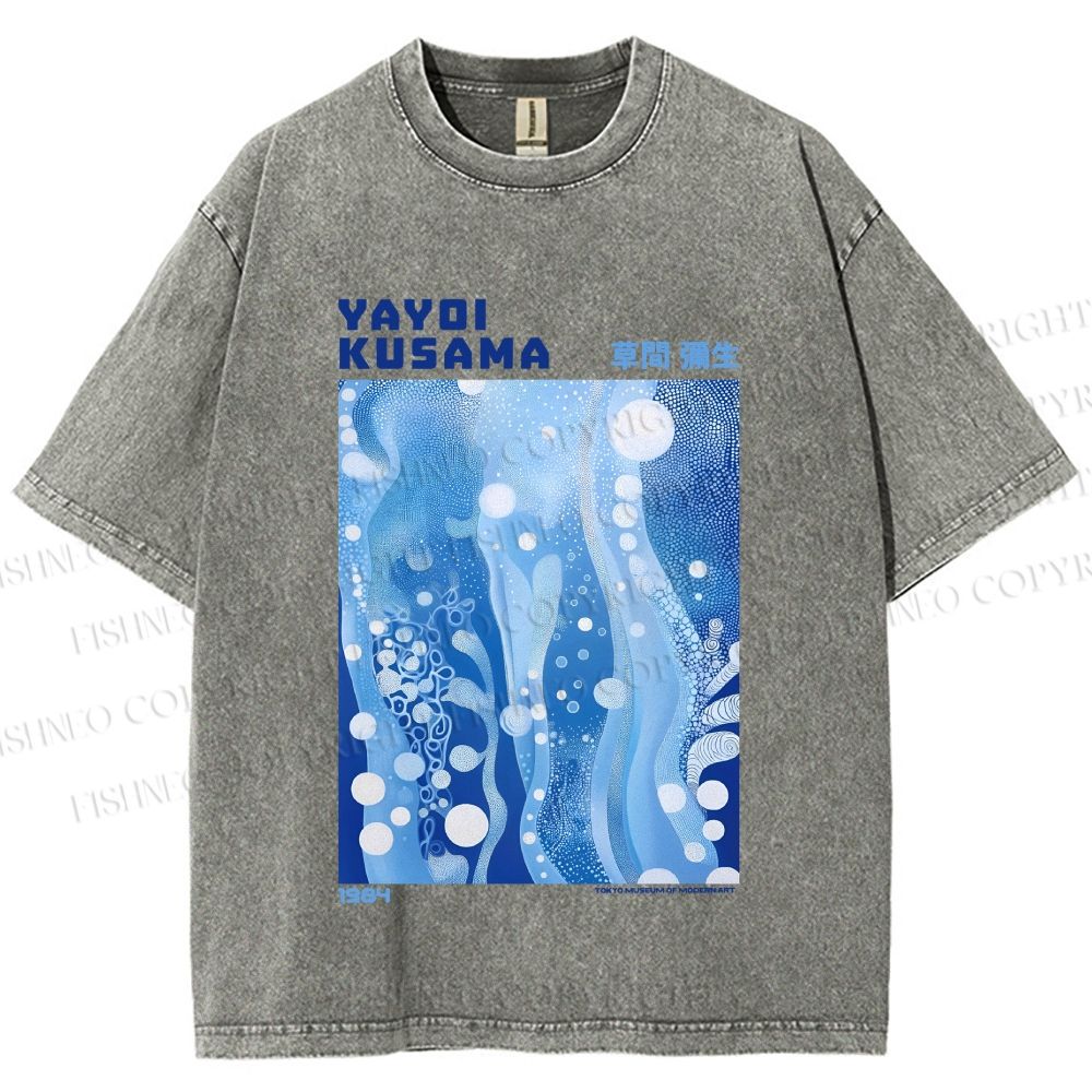 Unisex Yayoi Kusama Blue Graffiti Printed Washed Tee