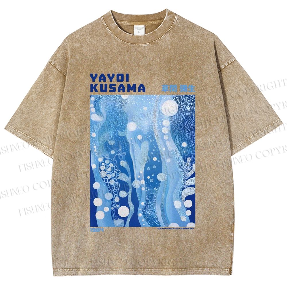 Unisex Yayoi Kusama Blue Graffiti Printed Washed Tee