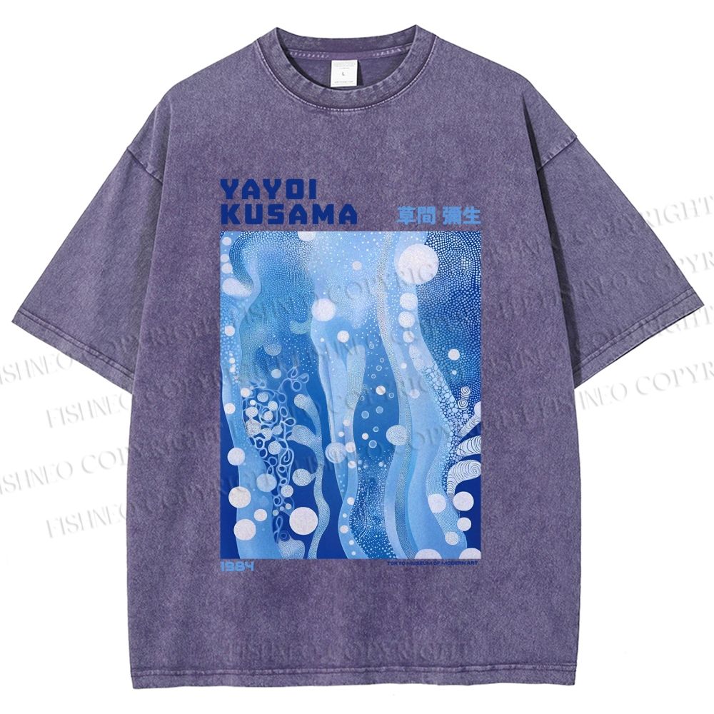Unisex Yayoi Kusama Blue Graffiti Printed Washed Tee