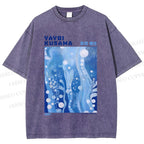 Unisex Yayoi Kusama Blue Graffiti Printed Washed Tee