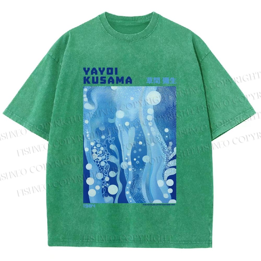 Unisex Yayoi Kusama Blue Graffiti Printed Washed Tee