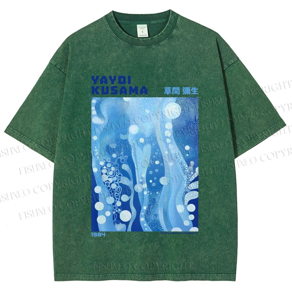 Unisex Yayoi Kusama Blue Graffiti Printed Washed Tee