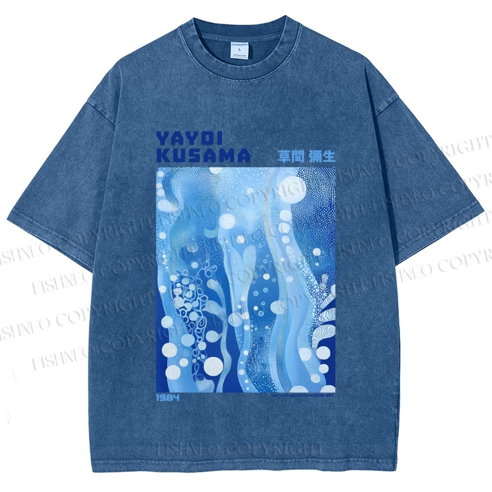 Unisex Yayoi Kusama Blue Graffiti Printed Washed Tee