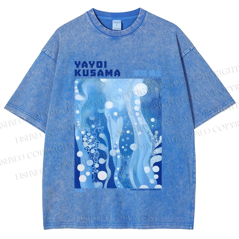 Unisex Yayoi Kusama Blue Graffiti Printed Washed Tee