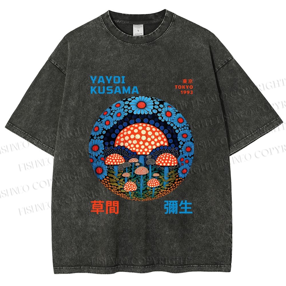 Unisex Yayoi Kusama Mushroom Printed Washed Tee