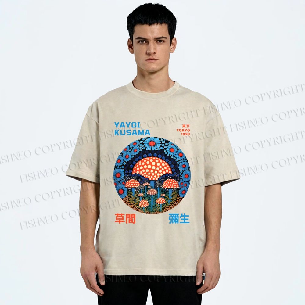 Unisex Yayoi Kusama Mushroom Printed Washed Tee