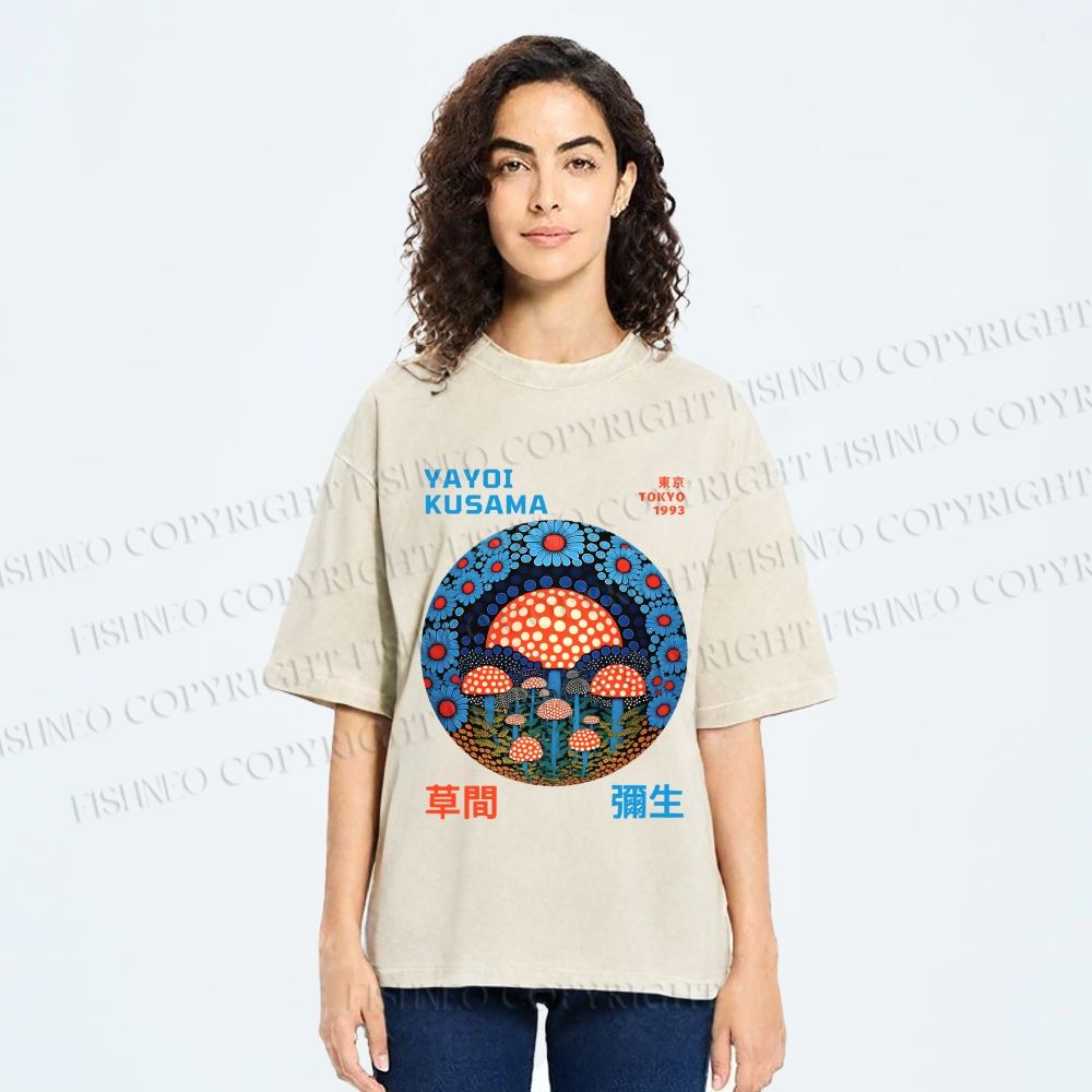 Unisex Yayoi Kusama Mushroom Printed Washed Tee