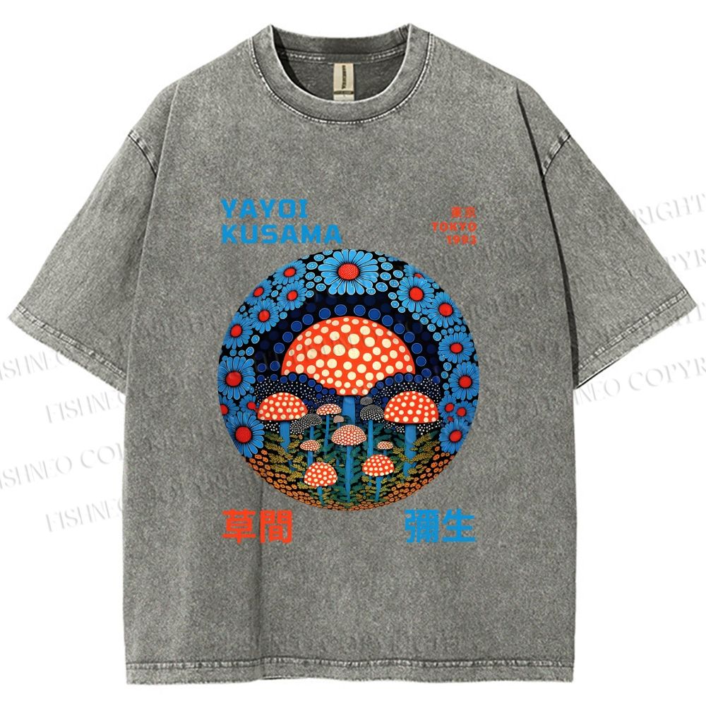 Unisex Yayoi Kusama Mushroom Printed Washed Tee