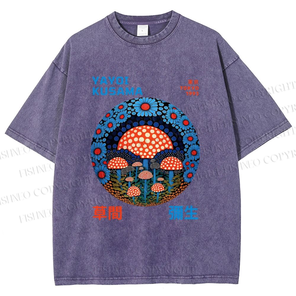 Unisex Yayoi Kusama Mushroom Printed Washed Tee