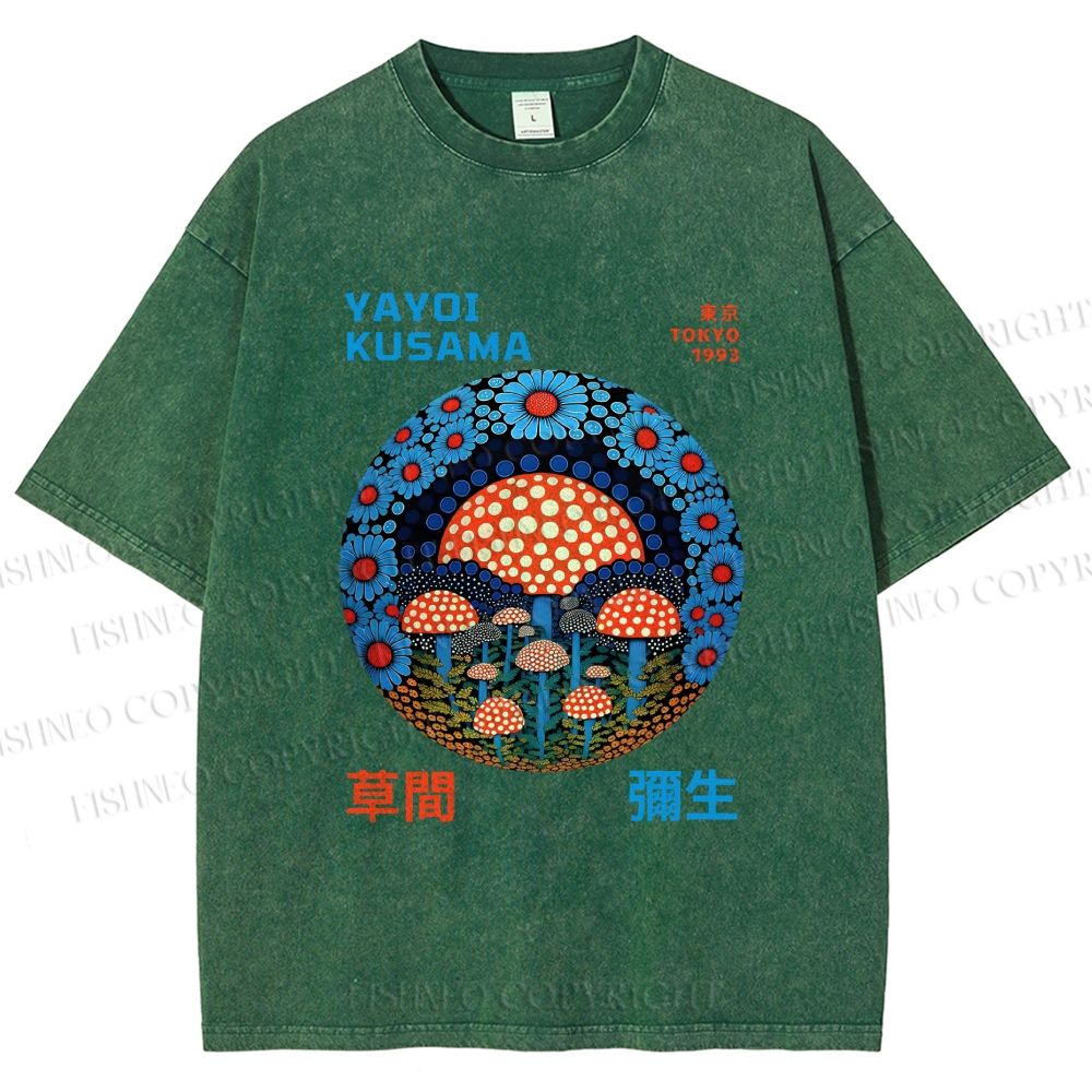 Unisex Yayoi Kusama Mushroom Printed Washed Tee