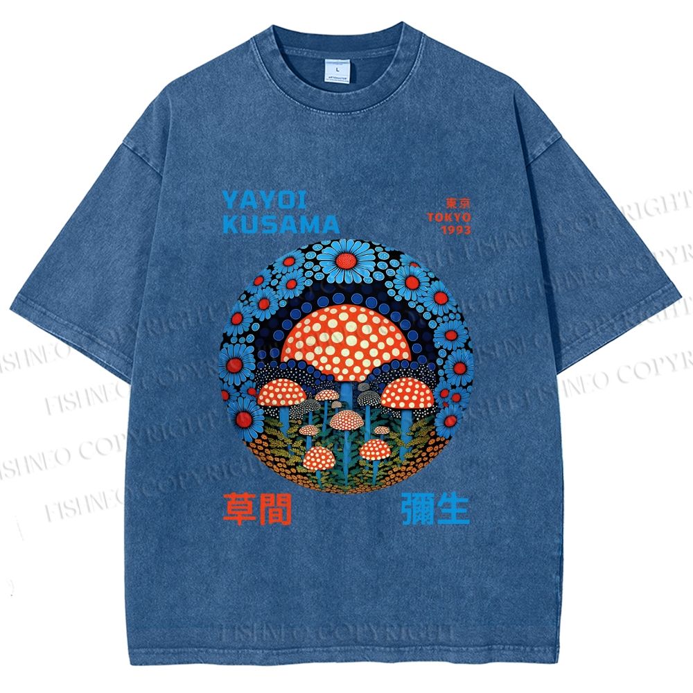 Unisex Yayoi Kusama Mushroom Printed Washed Tee
