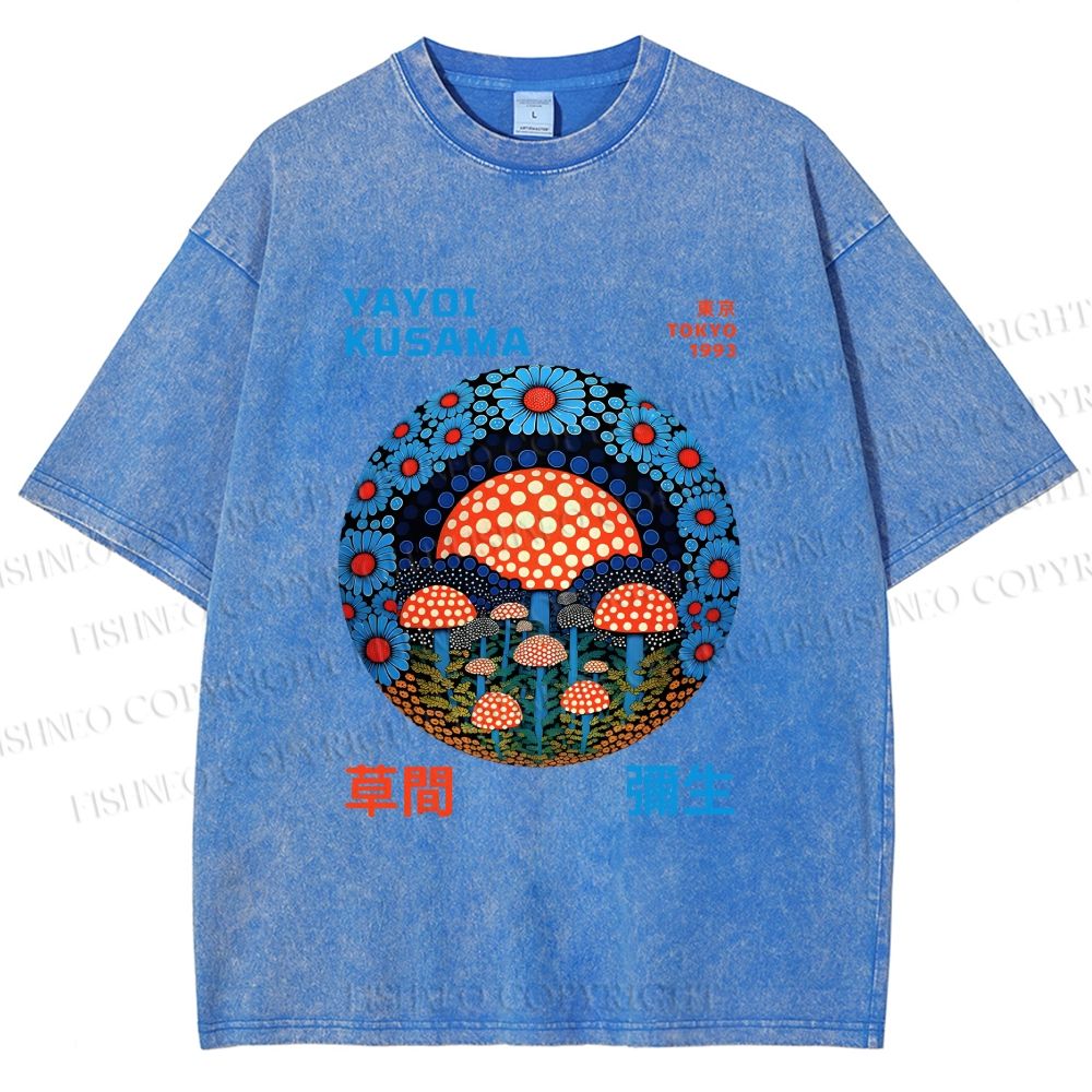 Unisex Yayoi Kusama Mushroom Printed Washed Tee