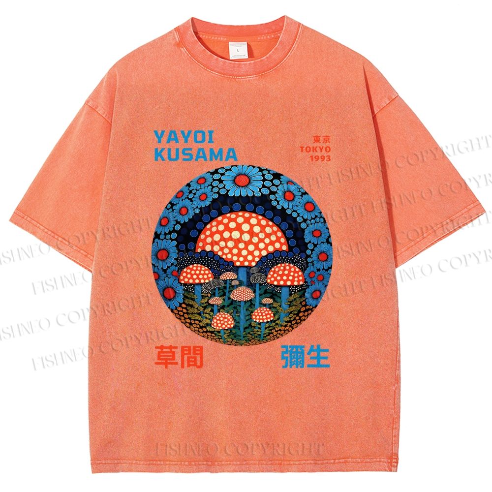 Unisex Yayoi Kusama Mushroom Printed Washed Tee