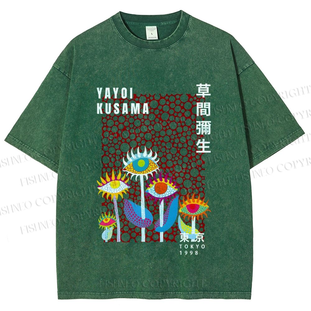 Unisex Yayoi Kusama Weird Eye Flowers Printed Washed Tee