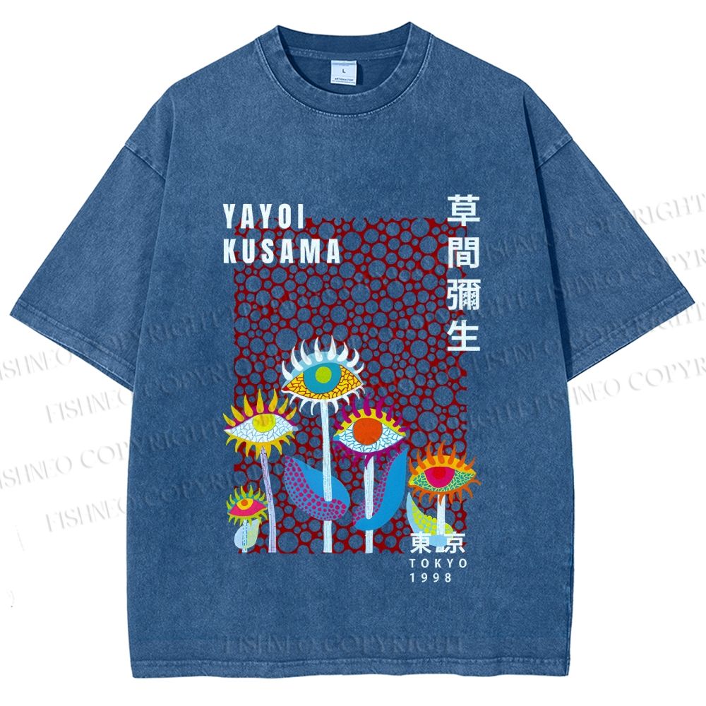 Unisex Yayoi Kusama Weird Eye Flowers Printed Washed Tee