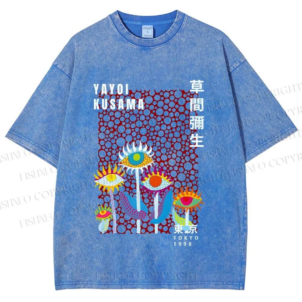 Unisex Yayoi Kusama Weird Eye Flowers Printed Washed Tee
