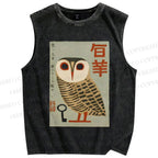 Unisex Japanese Owl Printed Washed Tank Top