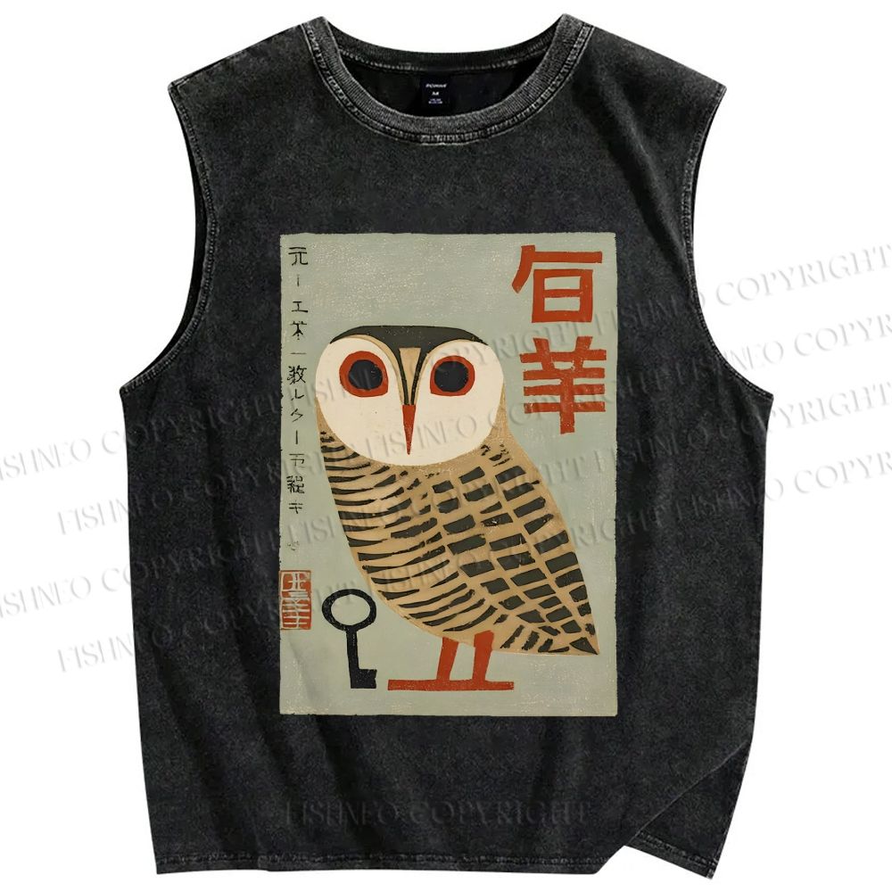 Unisex Japanese Owl Printed Washed Tank Top