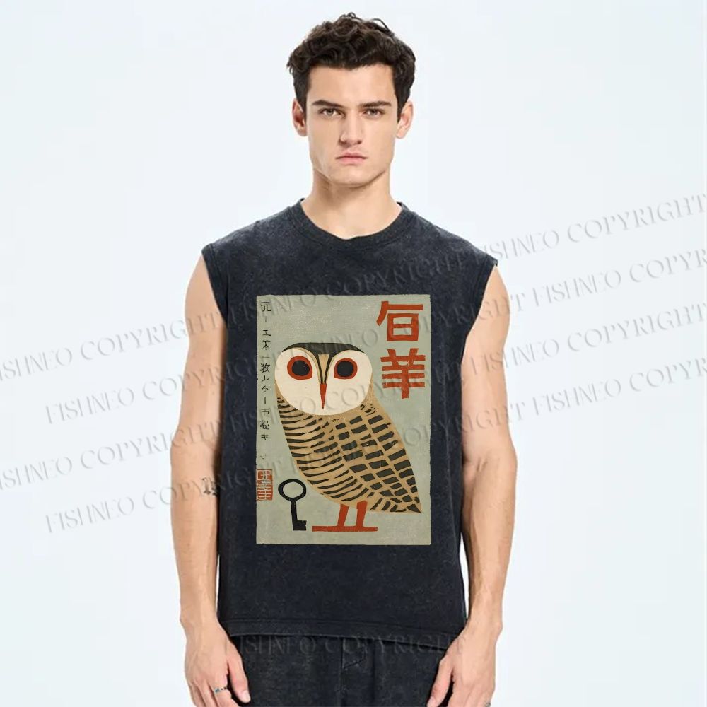 Unisex Japanese Owl Printed Washed Tank Top