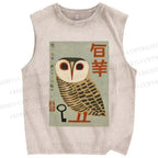 Unisex Japanese Owl Printed Washed Tank Top
