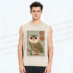 Unisex Japanese Owl Printed Washed Tank Top