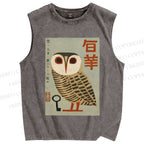 Unisex Japanese Owl Printed Washed Tank Top