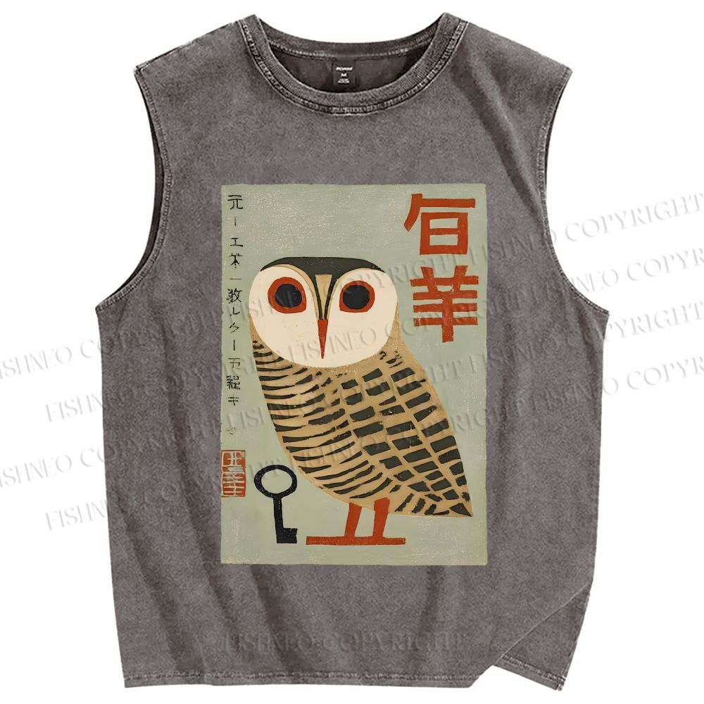 Unisex Japanese Owl Printed Washed Tank Top