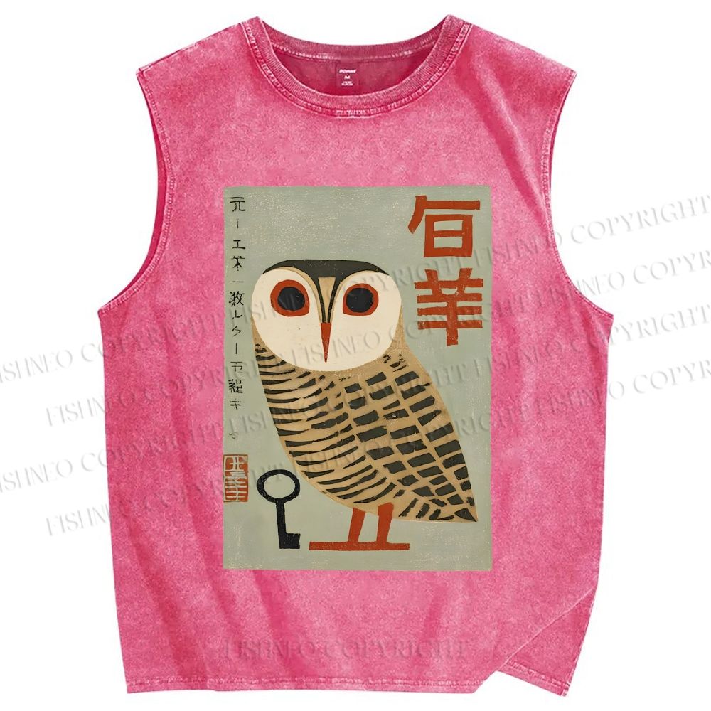 Unisex Japanese Owl Printed Washed Tank Top