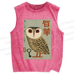 Unisex Japanese Owl Printed Washed Tank Top