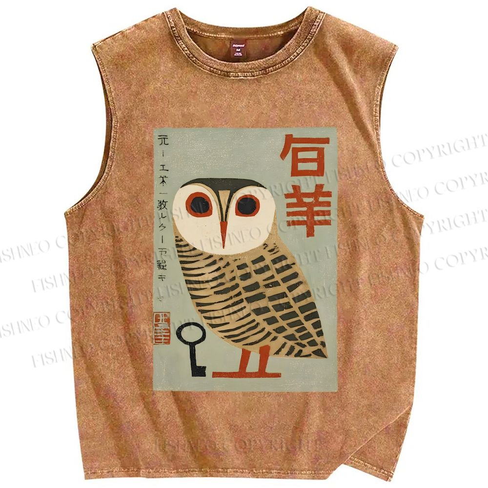 Unisex Japanese Owl Printed Washed Tank Top