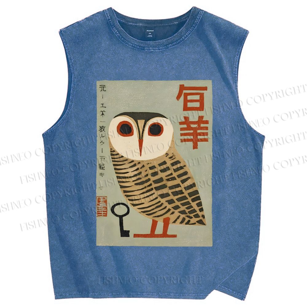Unisex Japanese Owl Printed Washed Tank Top