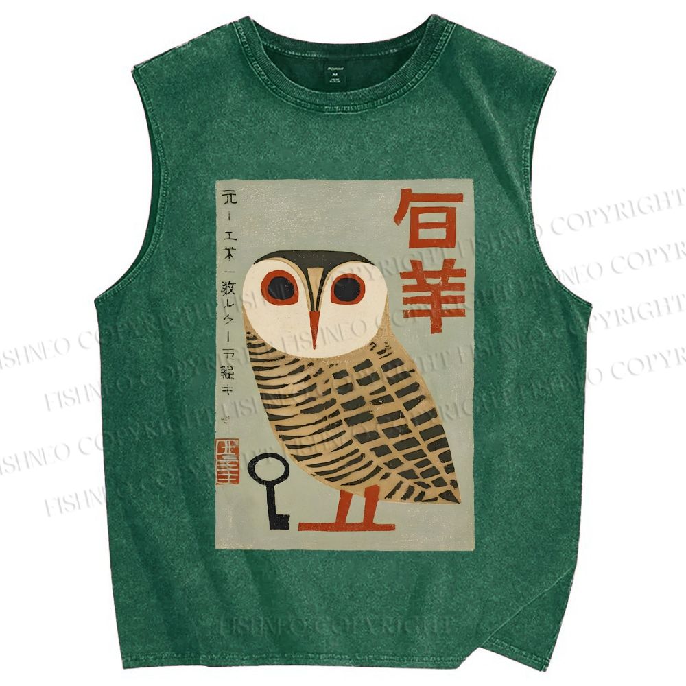 Unisex Japanese Owl Printed Washed Tank Top