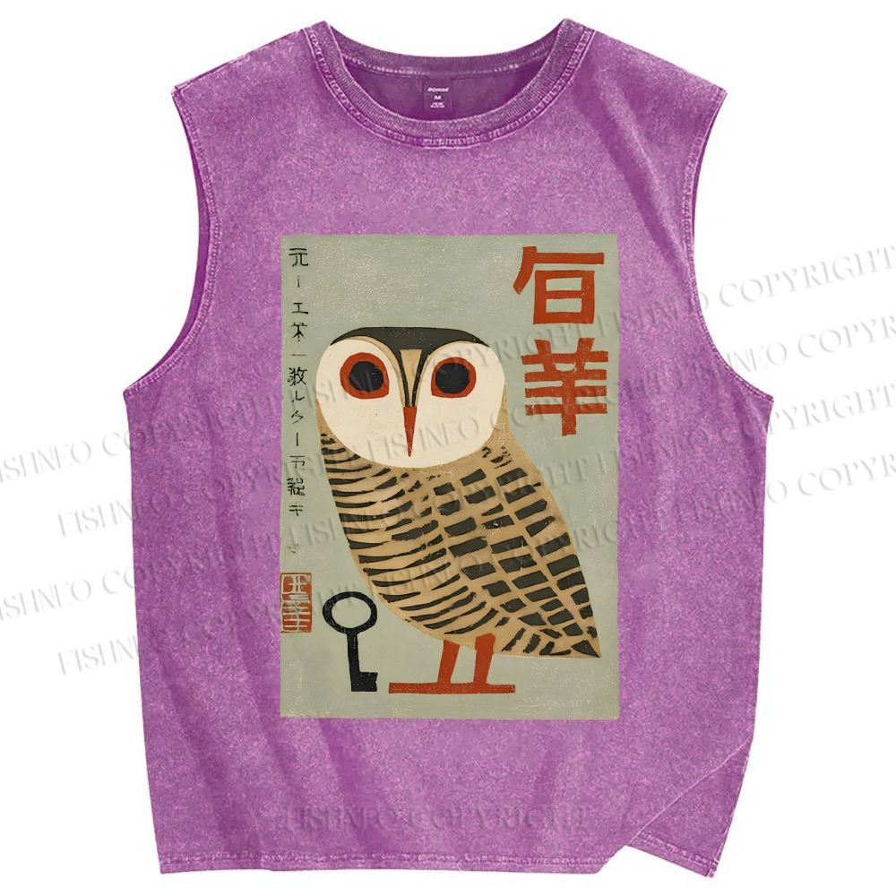 Unisex Japanese Owl Printed Washed Tank Top