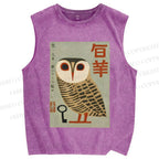 Unisex Japanese Owl Printed Washed Tank Top