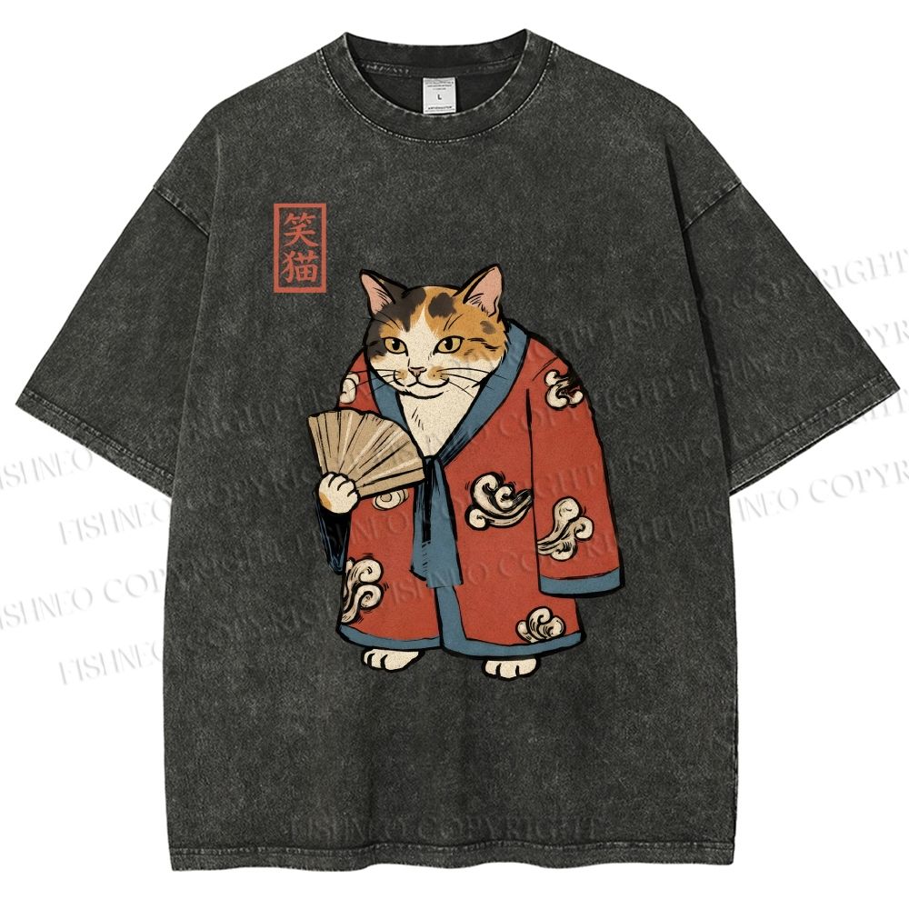 Unisex Ukiyo-e Cat Printed Washed Tee