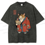 Unisex Ukiyo-e Cat Printed Washed Tee